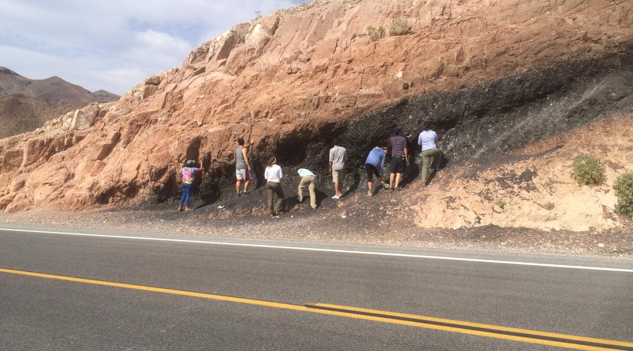 Studying rocks in an outcrop