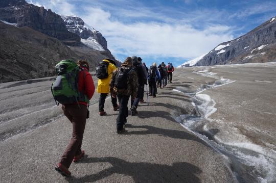 Class hiking on glacier