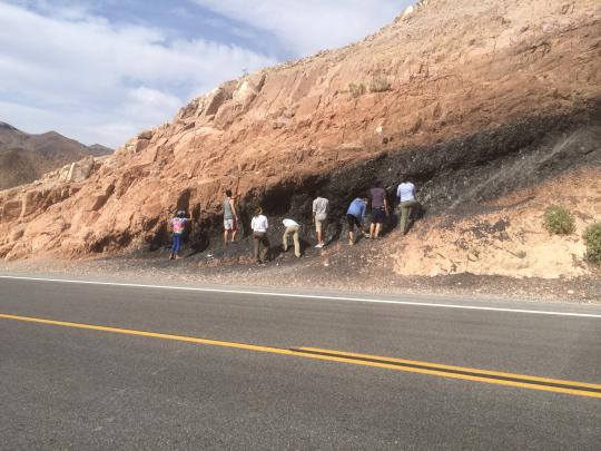 Studying rocks in an outcrop